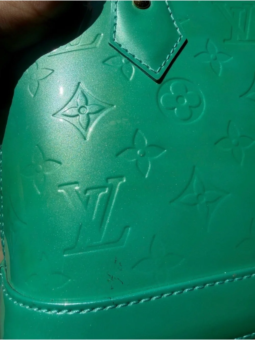 Louis Vuitton Turquoise Alma BB Vernis Satchel with Strap
